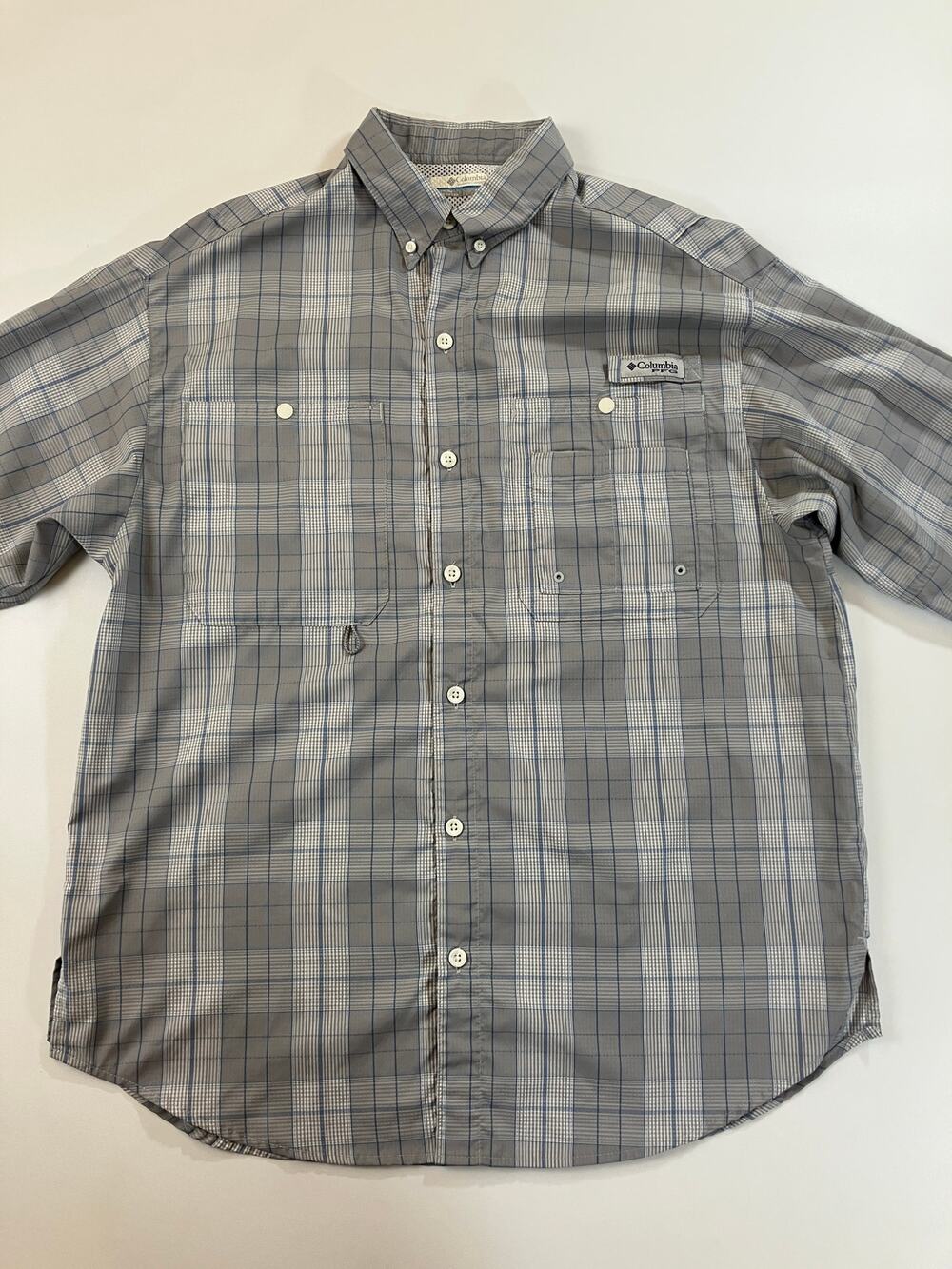 Columbia PFG Men's Medium Plaid Long Sleeve Fishing Shirt Gray Blue Vented